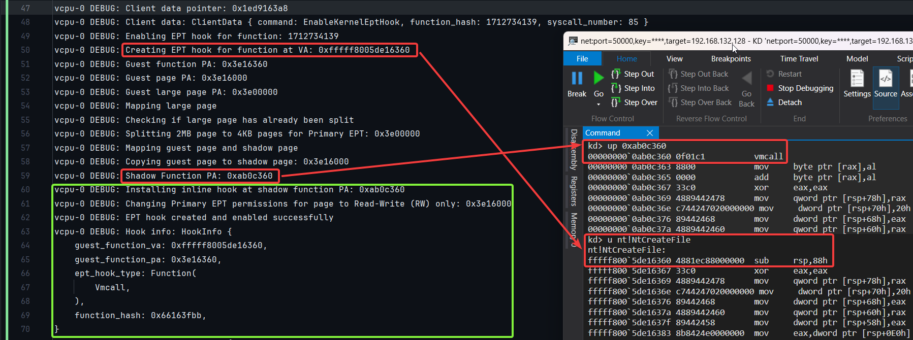 Debug Logs and WinDbg Output Demonstrating Stealth EPT Hook Execution